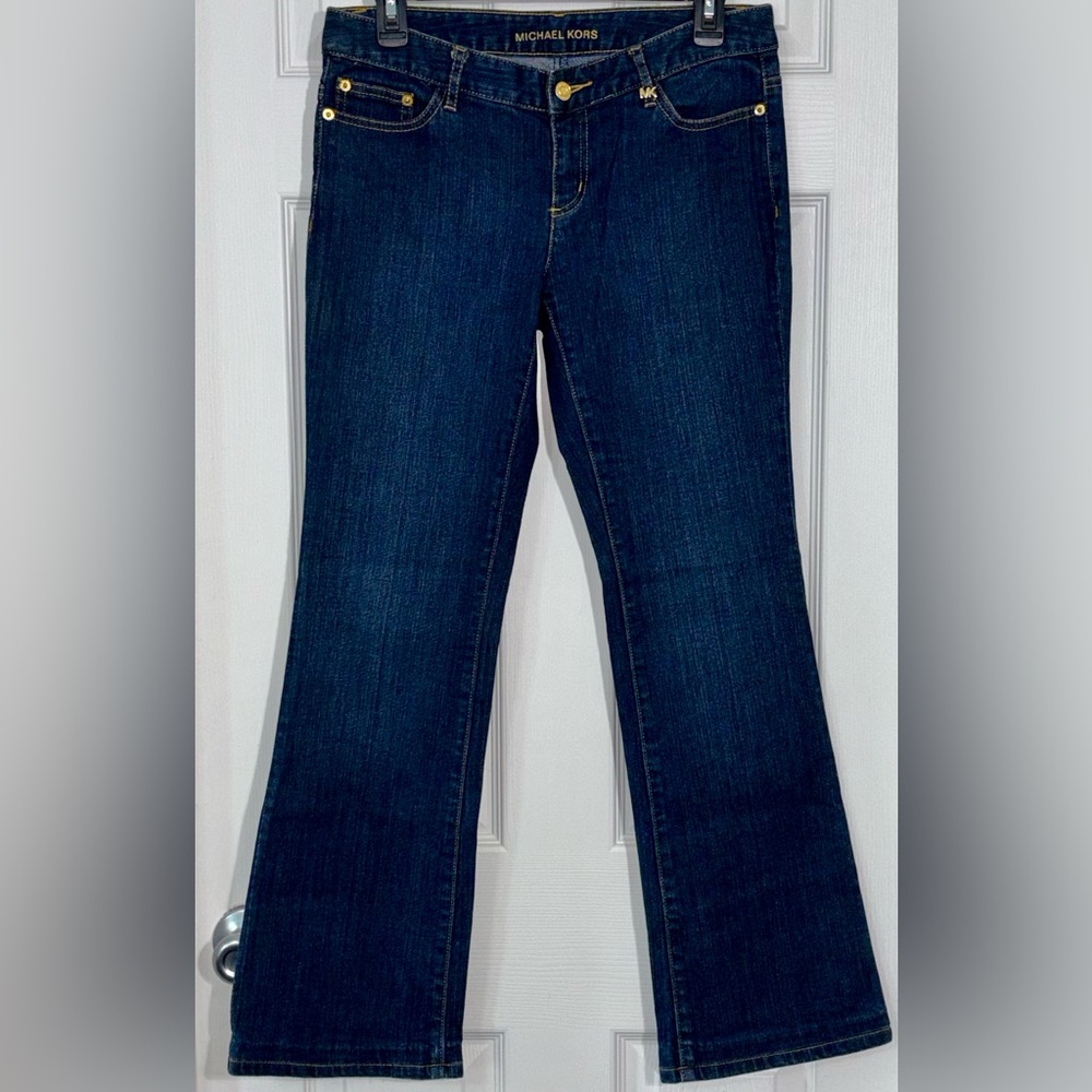 Michael Kors Bootcut Jeans Womens Size 4 Dark Wash Gold Studded Pocket Denim